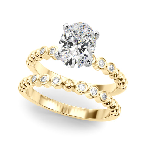 Yellow gold Oval Solitaire Bezel Accent Diamond Engagement Ring with Beaded Band and Four-Prong Setting 1