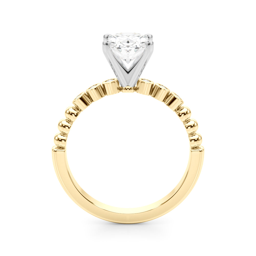 Yellow gold Oval Solitaire Bezel Accent Diamond Engagement Ring with Beaded Band and Four-Prong Setting 2