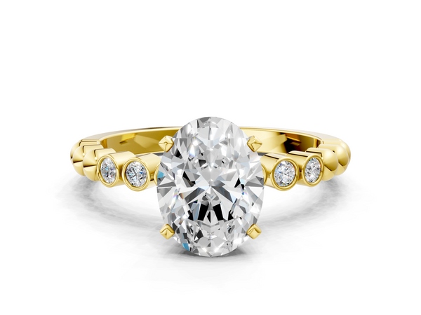 Yellow Gold Oval Solitaire Engagement Ring Setting with Bezel Accents and Beaded Shoulders