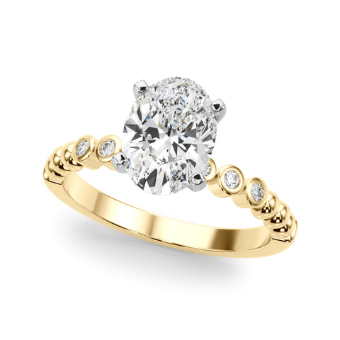 Yellow gold Oval Solitaire Bezel Accent Diamond Engagement Ring with Beaded Band and Four-Prong Setting
