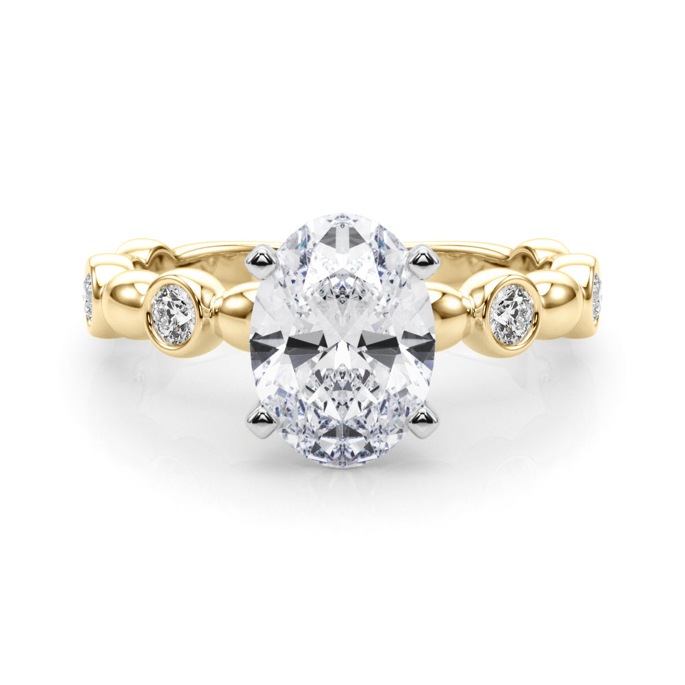 Yellow gold Oval Solitaire Bezel-Set Diamond Ring with Beaded Band and Four-Prong Setting 1