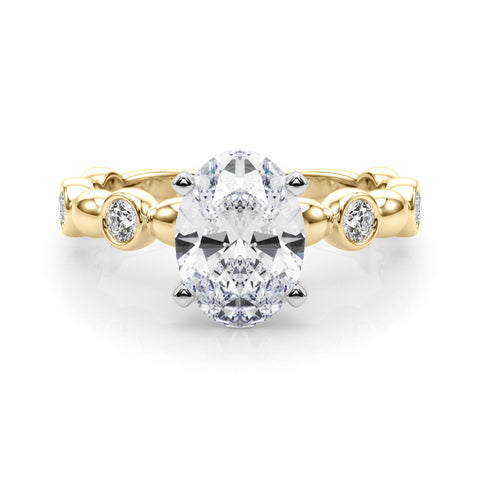 Yellow gold Oval Solitaire Bezel-Set Diamond Ring with Beaded Band and Four-Prong Setting 1