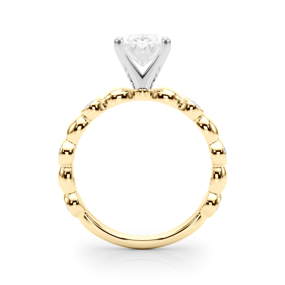 Yellow gold Oval Solitaire Bezel-Set Diamond Ring with Beaded Band and Four-Prong Setting 2