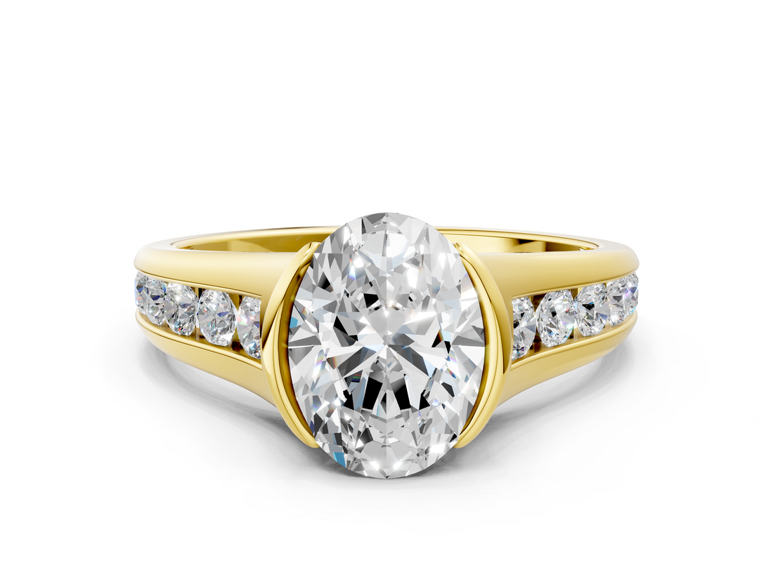 Yellow gold Oval Solitaire Bezel-Set Diamond Ring with Channel-Set Band_24