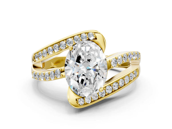 Yellow gold Oval Solitaire Bypass Diamond Engagement Ring with Channel-Set Band and Four-Prong Setting