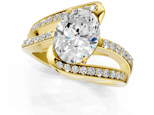 Yellow gold Oval Solitaire Bypass Diamond Engagement Ring with Channel-Set Band and Four-Prong Setting