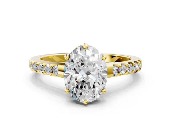 Yellow gold Oval Solitaire Diamond Engagement Ring with Pavé Band and Six-Prong Setting