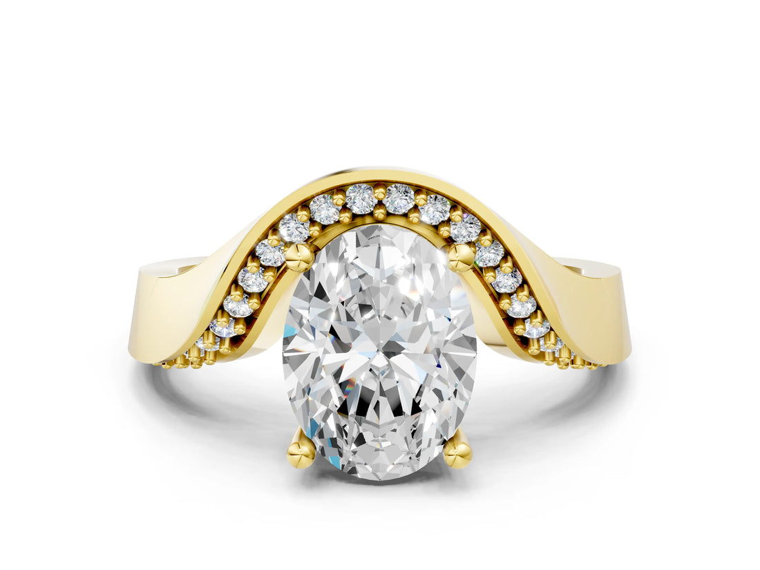 Yellow gold Oval Solitaire Diamond Engagement Ring with Pave Band and Four-Prong Setting 1