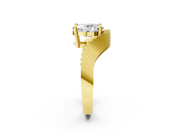 Yellow Gold Oval Bypass Solitaire Engagement Ring Setting with Pave Wave Band