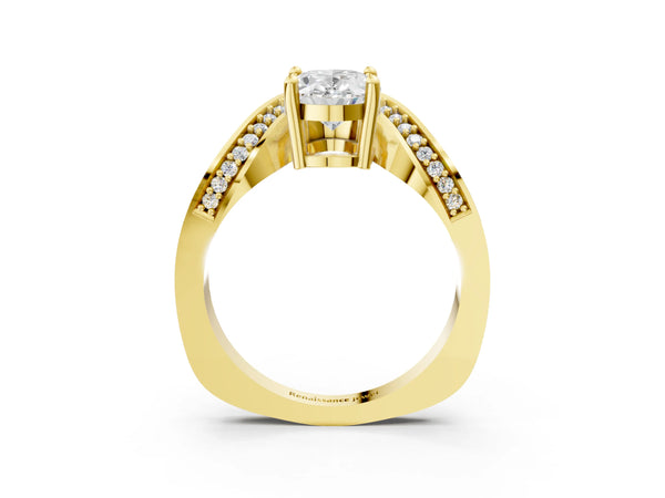 Yellow Gold Oval Bypass Solitaire Engagement Ring Setting with Pave Wave Band