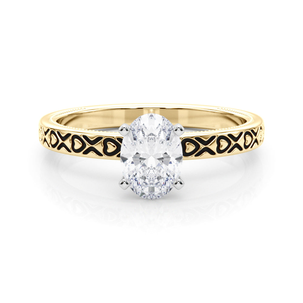 Yellow gold Oval Solitaire Diamond Engagement Ring with XO Engraved Band and Four-Prong Setting 1