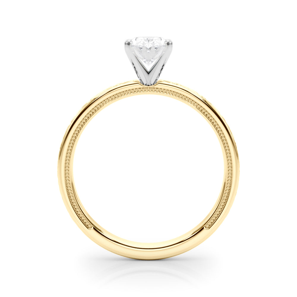 Yellow gold Oval Solitaire Diamond Engagement Ring with XO Engraved Band and Four-Prong Setting 2