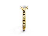Yellow gold Oval Solitaire Diamond Engagement Ring with XO Engraved Band and Four-Prong Setting 2