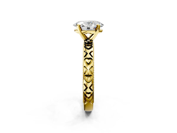Yellow Gold Oval Solitaire Engagement Ring Setting with XO Engraved Band and Milgrain Edges