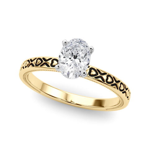 Yellow gold Oval Solitaire Diamond Engagement Ring with XO Engraved Band and Four-Prong Setting