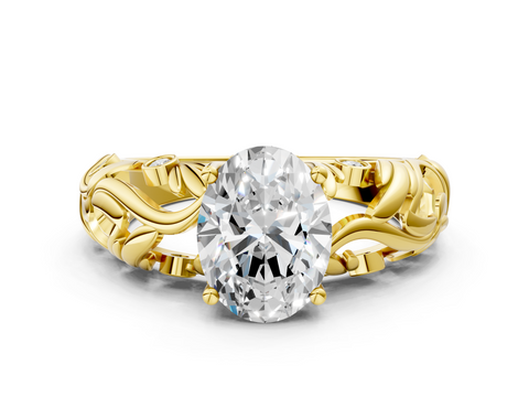 Yellow gold Oval Solitaire Diamond Leaf Vine Band with Prong Setting_57
