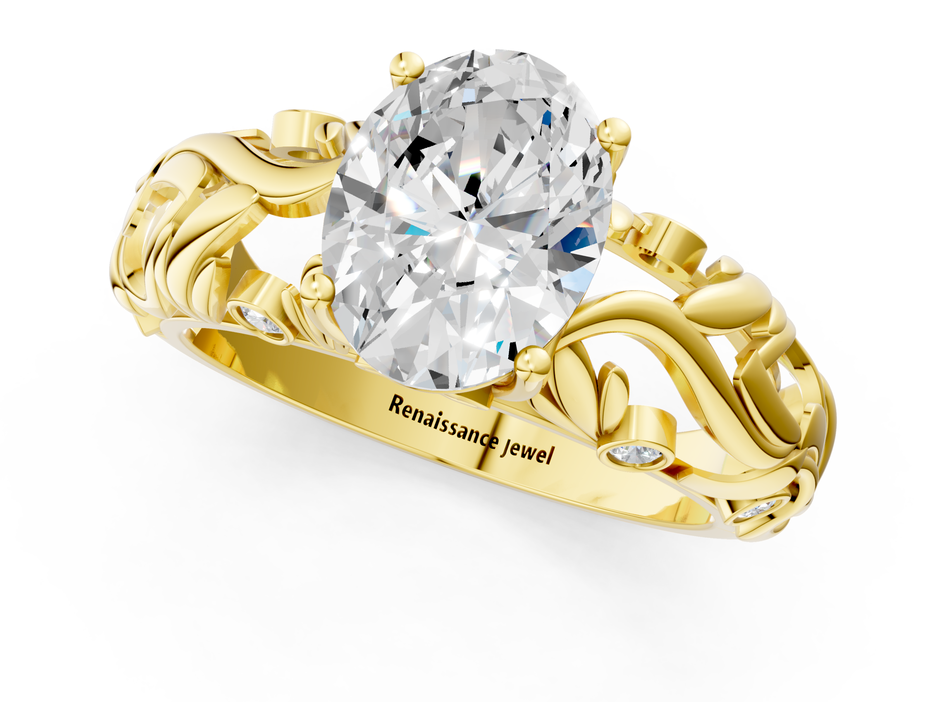 Yellow gold Oval Solitaire Diamond Leaf Vine Band with Prong Setting_58