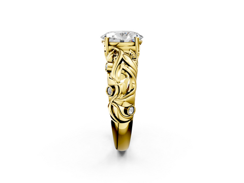 Yellow gold Oval Solitaire Diamond Leaf Vine Band with Prong Setting_59