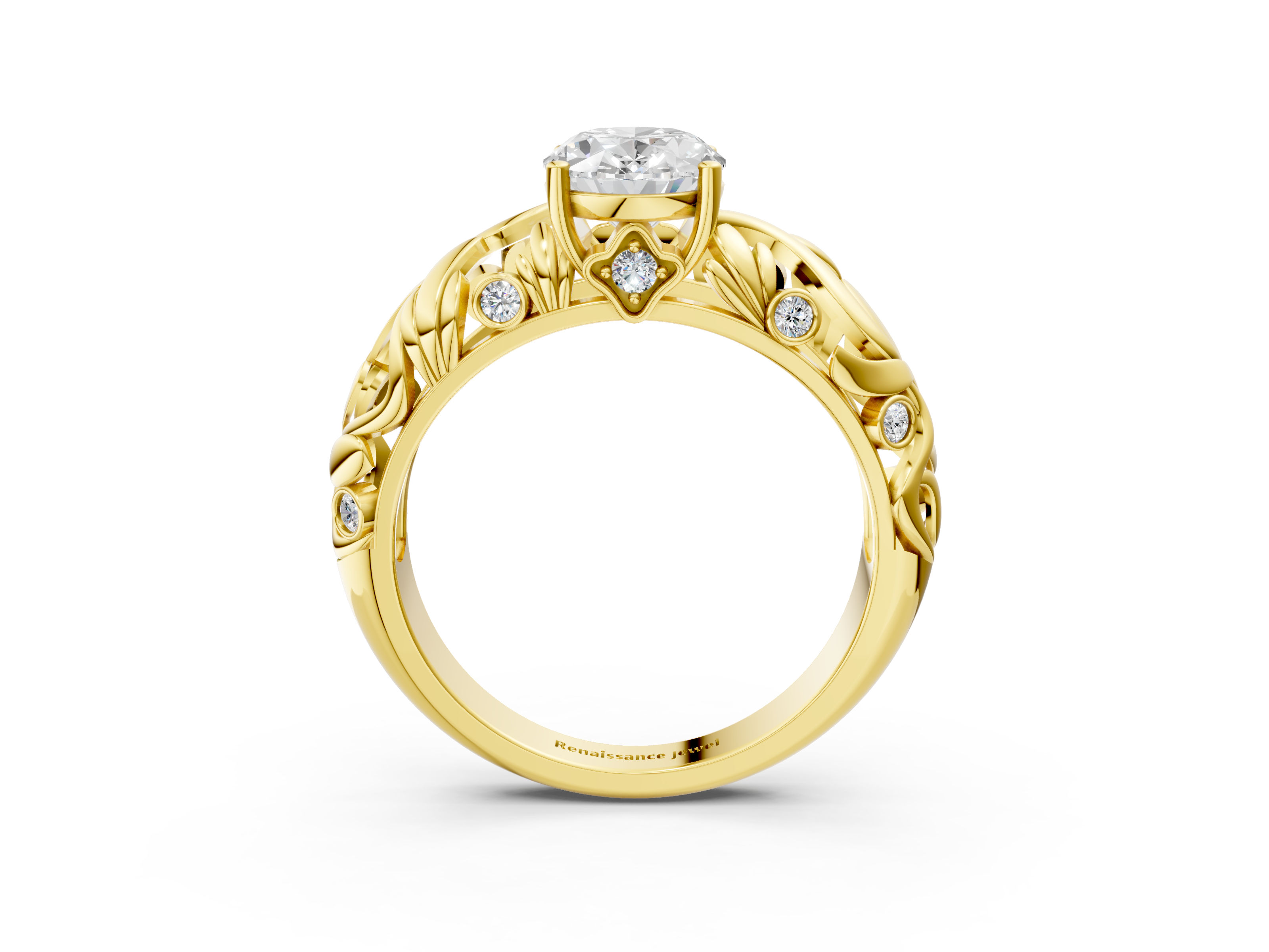 Yellow gold Oval Solitaire Diamond Leaf Vine Band with Prong Setting_60
