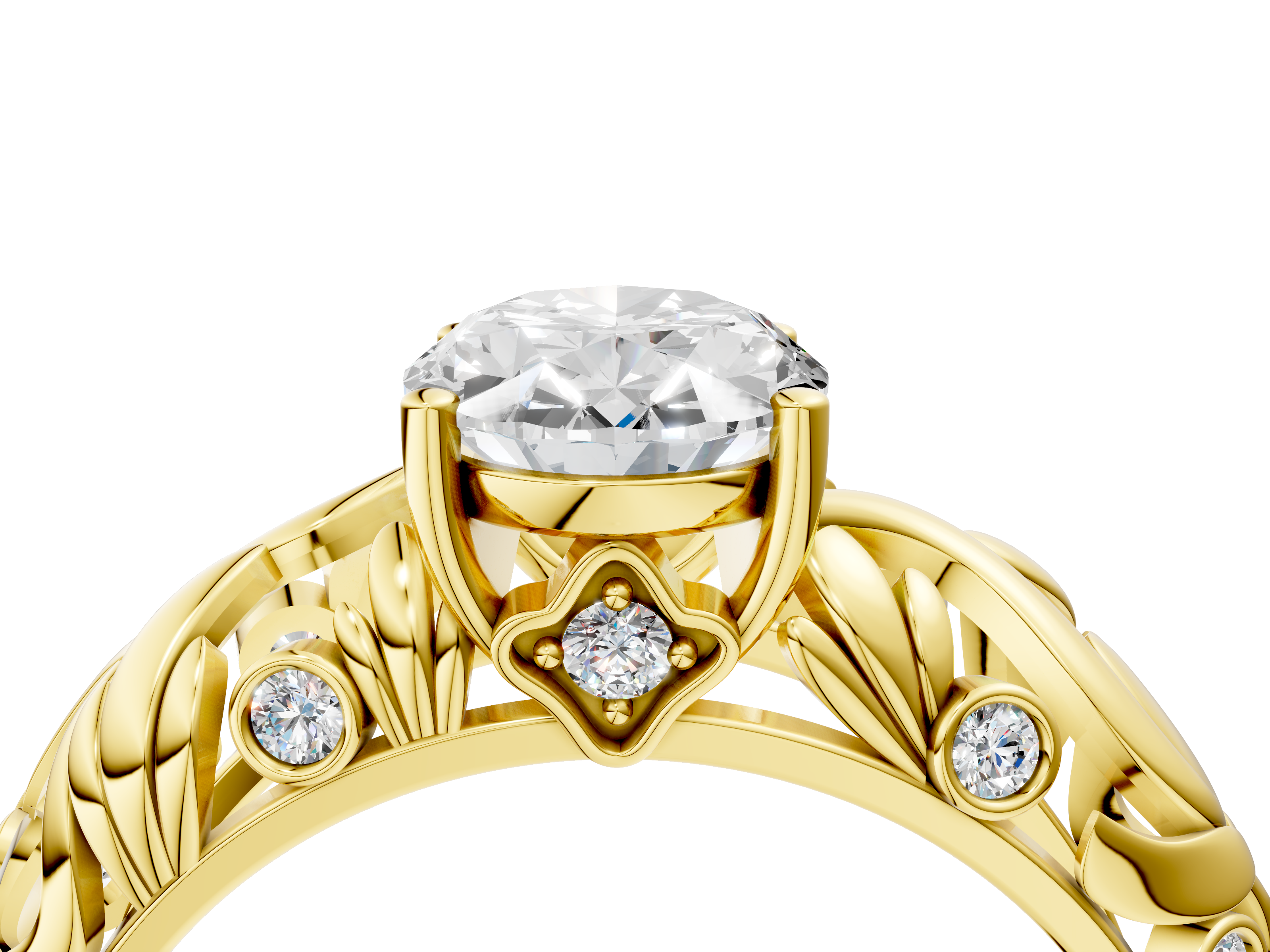 Yellow gold Oval Solitaire Diamond Leaf Vine Band with Prong Setting_61