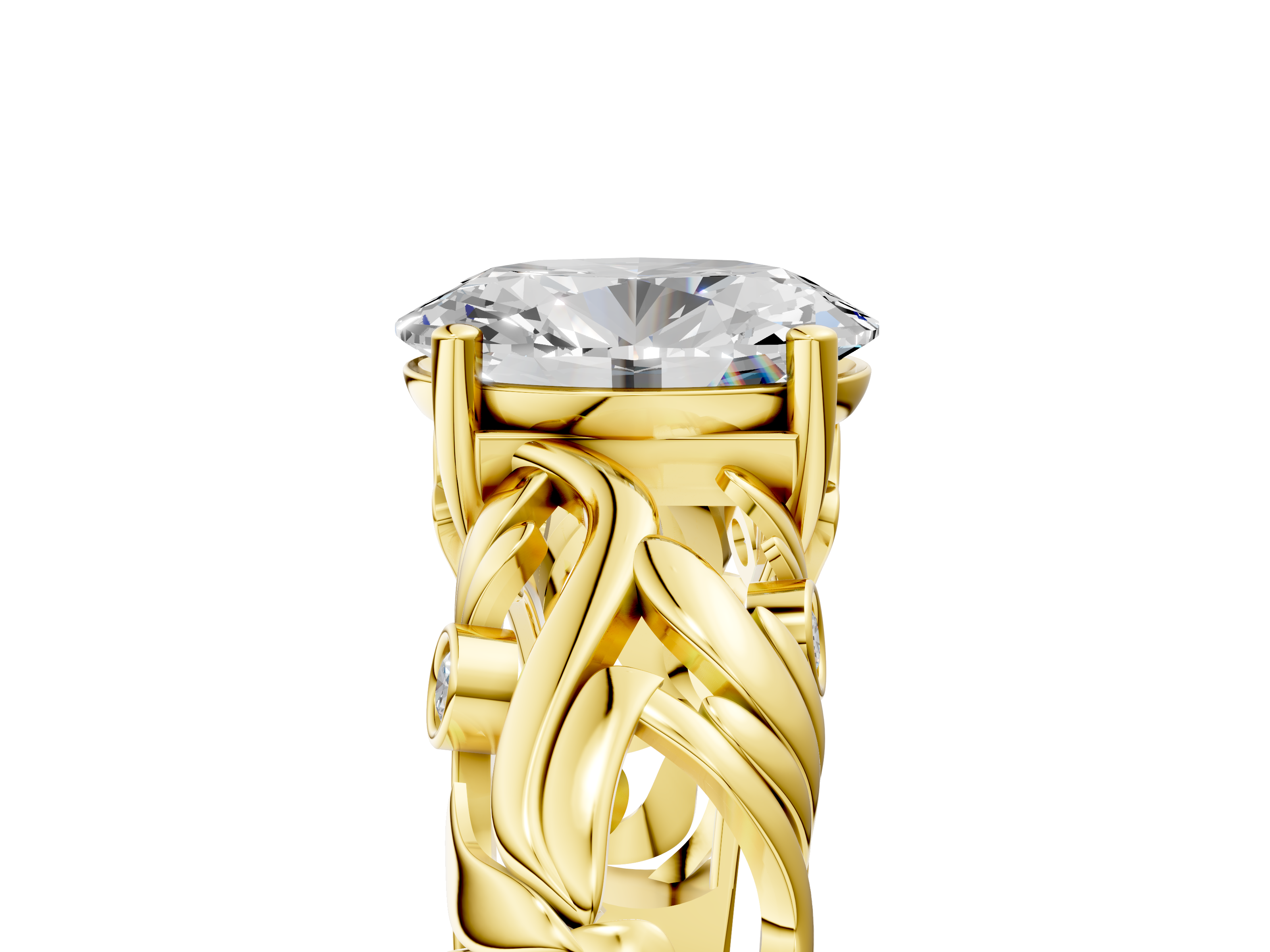 Yellow gold Oval Solitaire Diamond Leaf Vine Band with Prong Setting_62