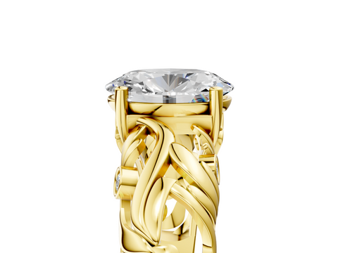 Yellow gold Oval Solitaire Diamond Leaf Vine Band with Prong Setting_62