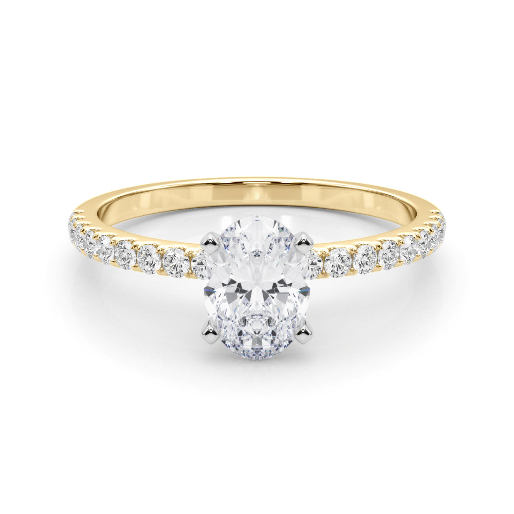 Yellow gold Oval Solitaire Diamond Pavé Band with Four-Prong Setting 1