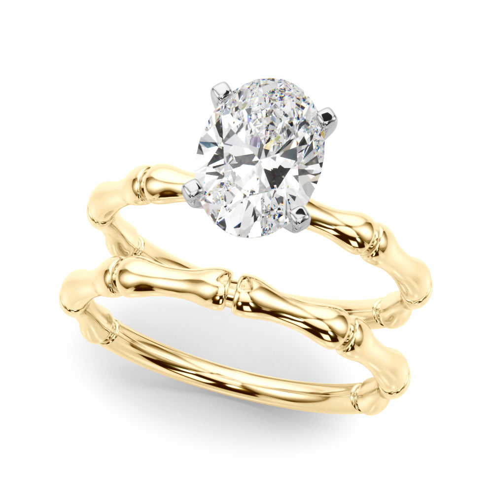 Yellow gold Oval Solitaire Diamond Ring with Bamboo Band and Four-Prong Setting 1