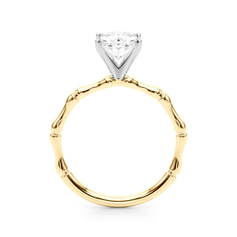 Yellow gold Oval Solitaire Diamond Ring with Bamboo Band and Four-Prong Setting 2