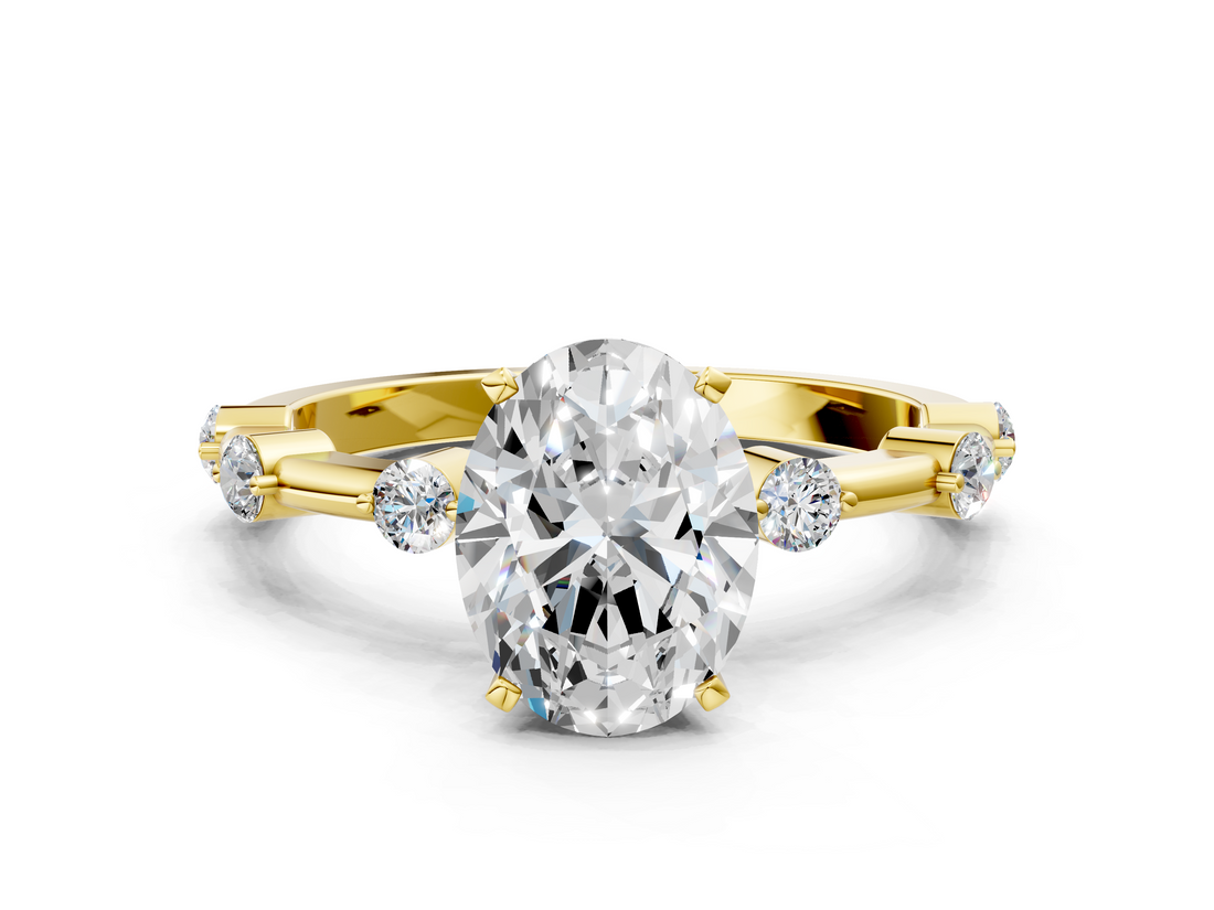 Yellow gold Oval Solitaire Diamond Ring with Bezel Set Side Stones and Prong Setting_25