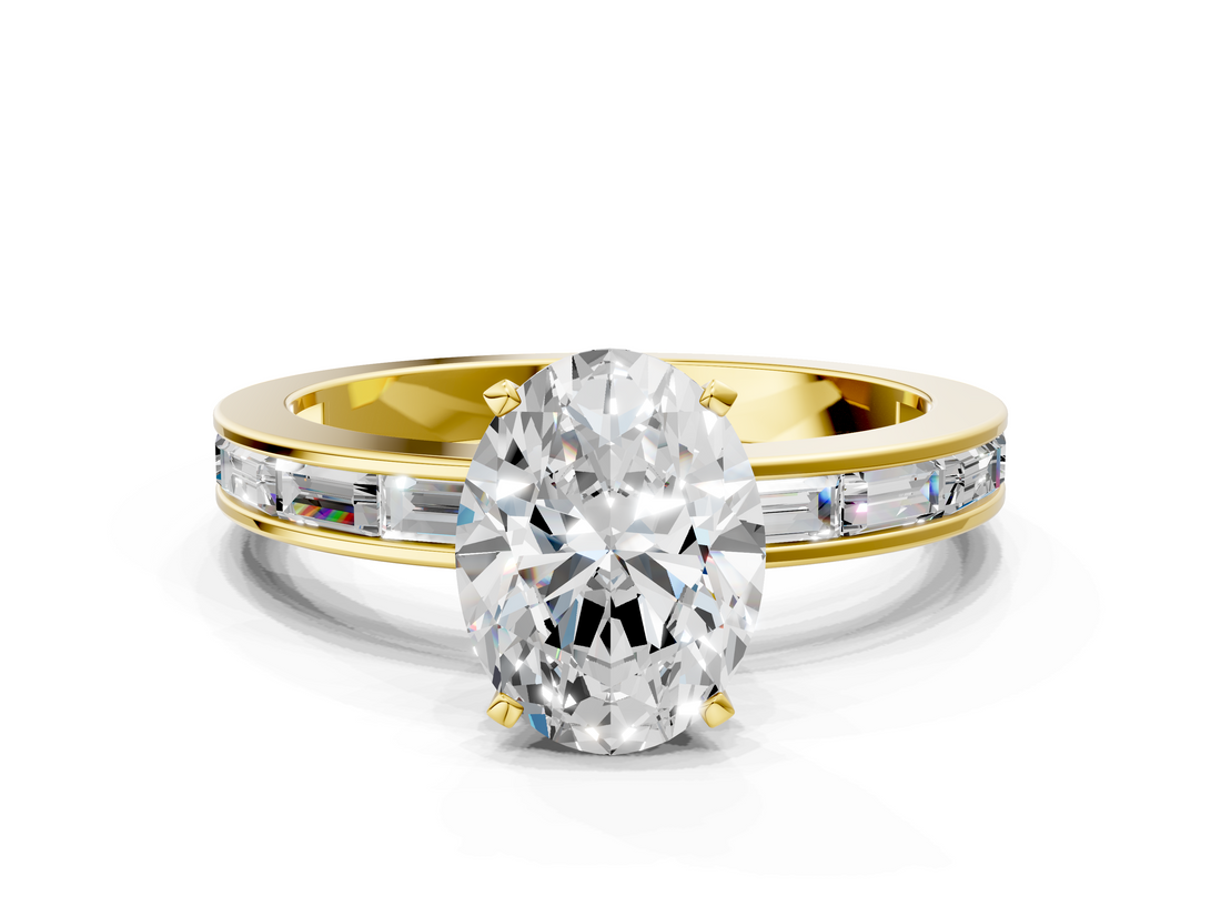 Yellow gold Oval Solitaire Diamond Ring with Channel-Set Baguette Band and Four-Prong Setting_91