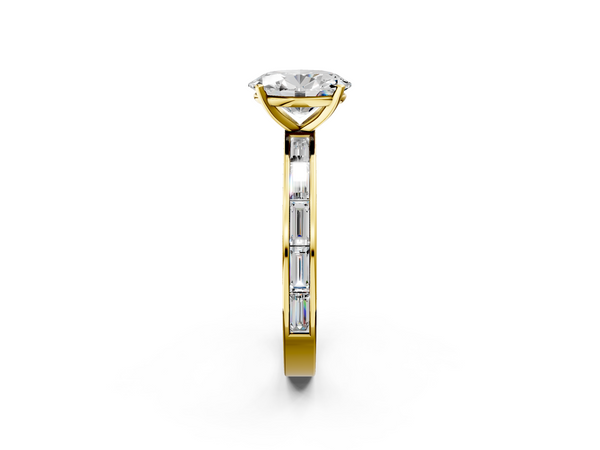 Yellow gold Oval Solitaire Diamond Ring with Channel-Set Baguette Band and Four-Prong Setting