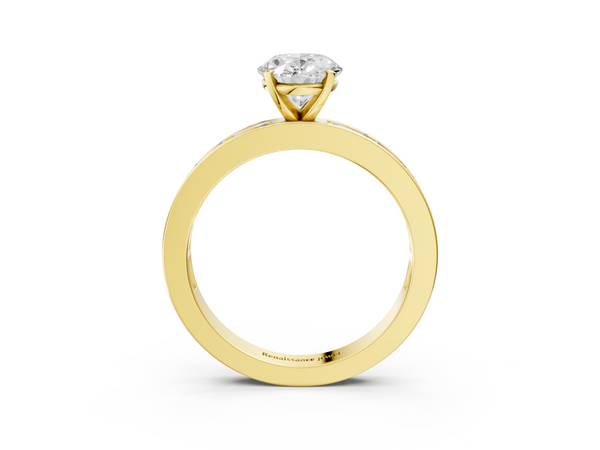 Yellow gold Oval Solitaire Diamond Ring with Channel-Set Baguette Band and Four-Prong Setting