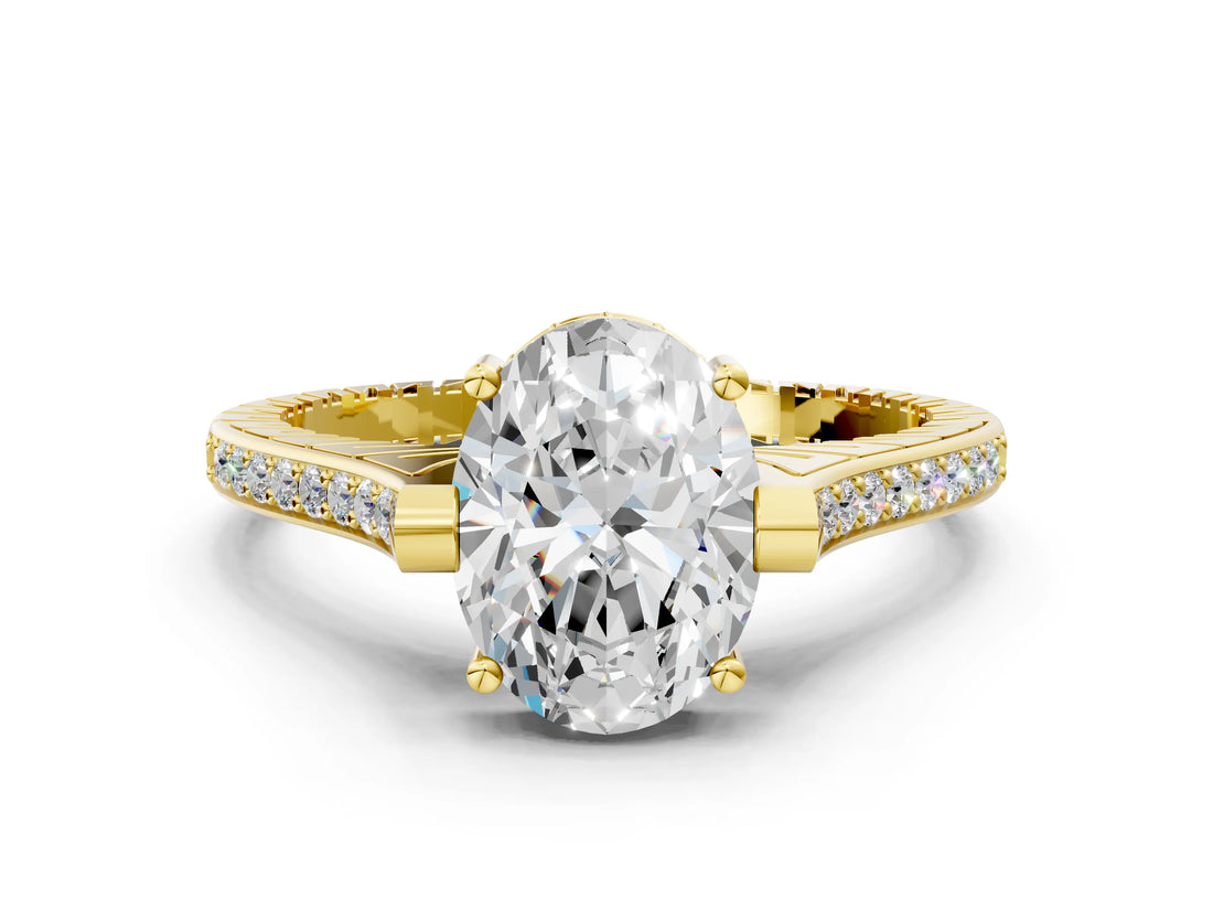 Yellow gold Oval Solitaire Diamond Ring with Channel Set Band and Bezel Prong Setting_56