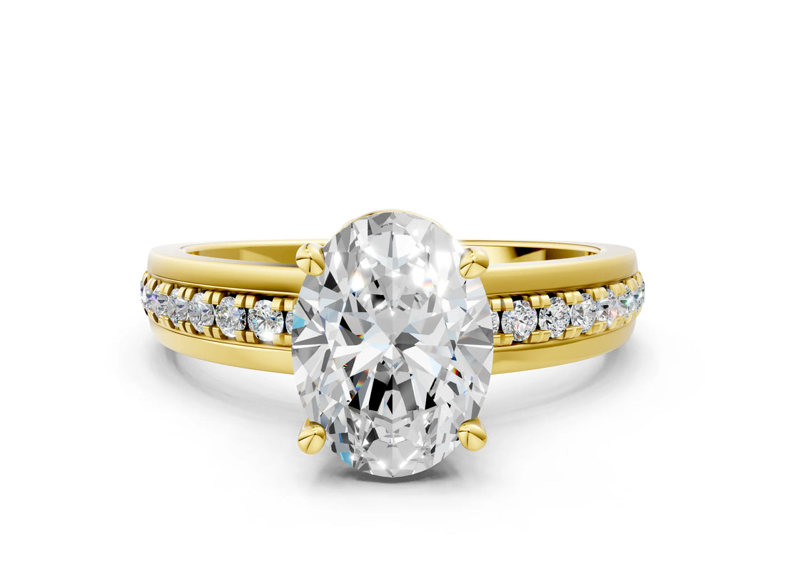 Yellow gold Oval Solitaire Diamond Ring with Channel Set Band and Six-Prong Setting_47