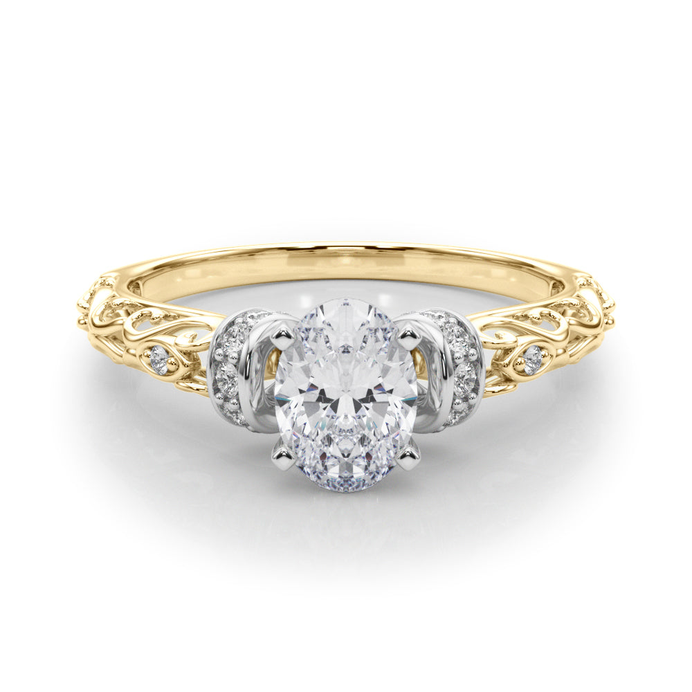 Yellow gold Oval Solitaire Diamond Ring with Filigree Band and Four-Prong Setting 1