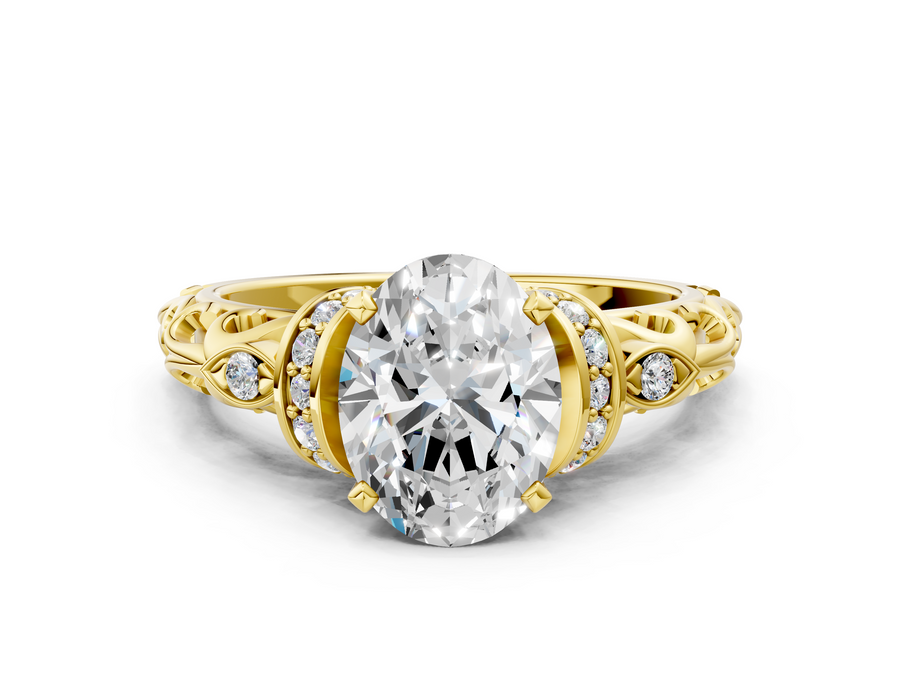 Yellow gold Oval Cut Diamond Solitaire Ring with Filigree Band and Four-Prong Setting