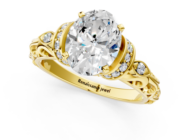Yellow gold Oval Cut Diamond Solitaire Ring with Filigree Band and Four-Prong Setting