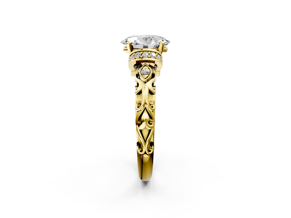 Yellow gold Oval Cut Diamond Solitaire Ring with Filigree Band and Four-Prong Setting