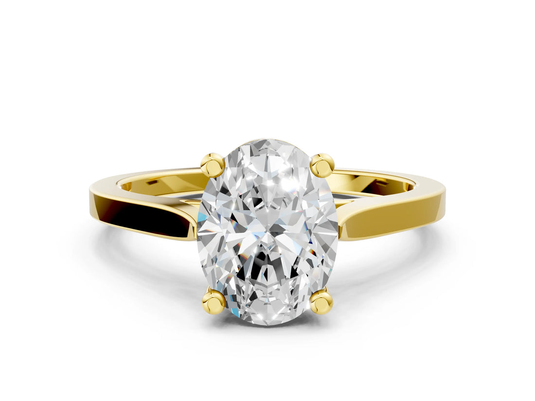 Yellow gold Oval Solitaire Diamond Ring with Four-Prong Setting and Tapered Band 1