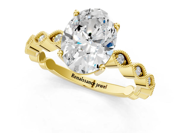 Yellow gold Oval Solitaire Diamond Ring with Infinity Twist Band and Four-Prong Setting