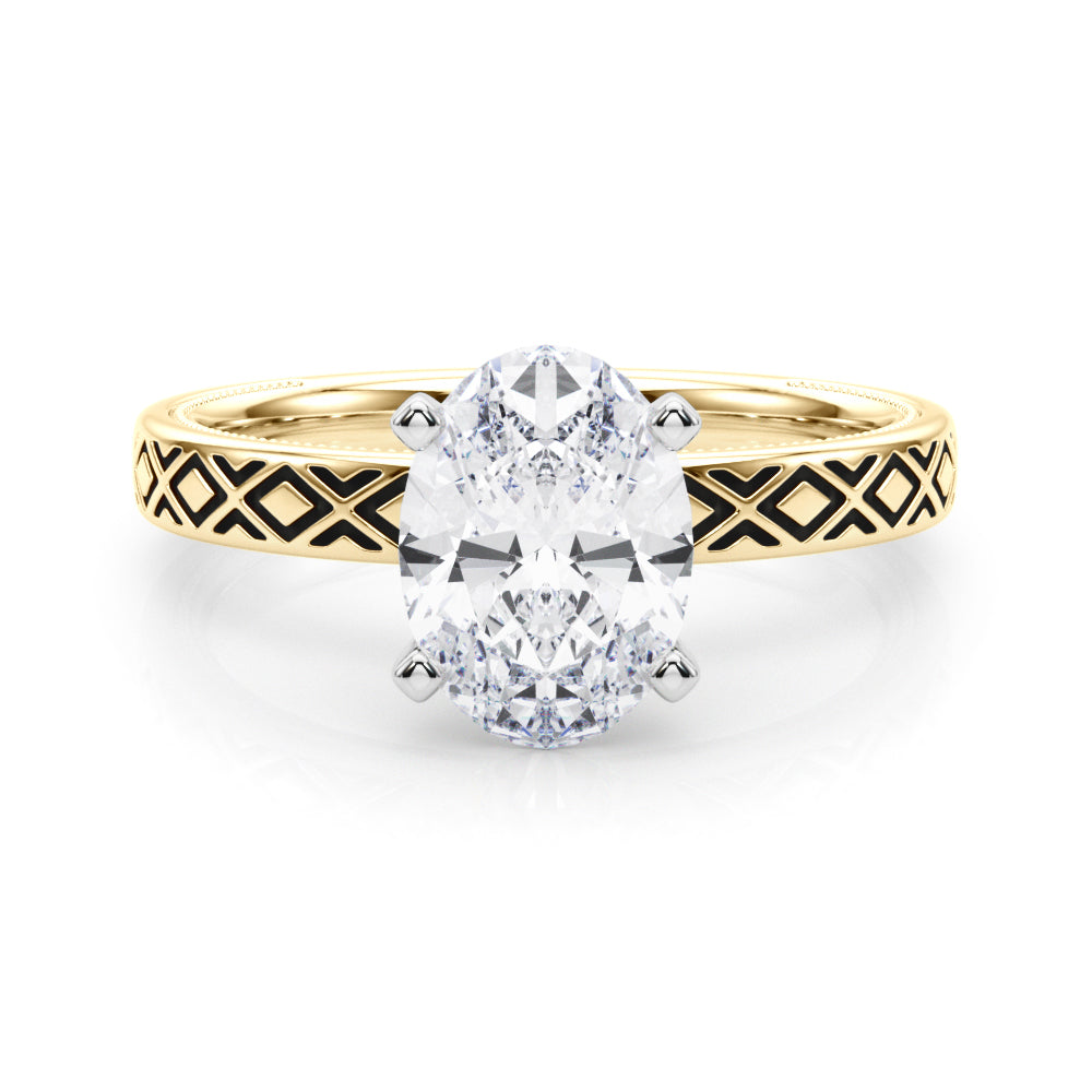 Yellow gold Oval Solitaire Diamond Ring with Milgrain and Black Enamel X Pattern Band 1