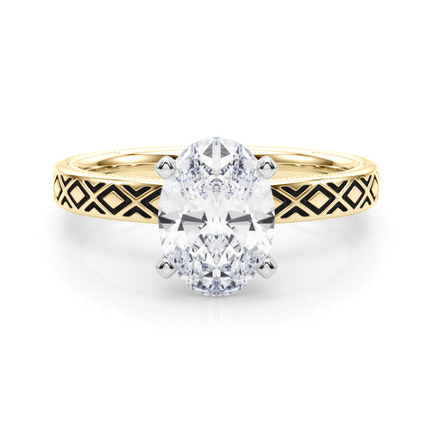 Yellow gold Oval Solitaire Diamond Ring with Milgrain and Black Enamel X Pattern Band 1