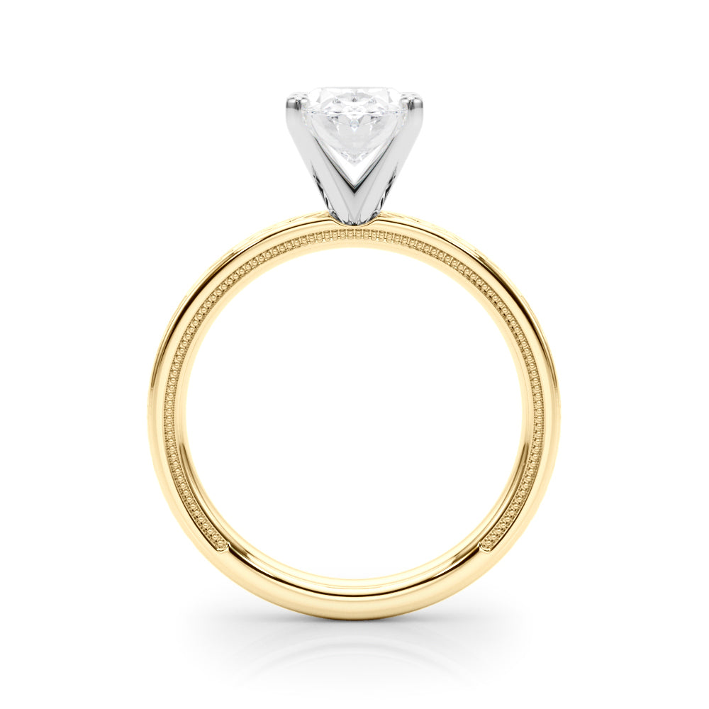 Yellow gold Oval Solitaire Diamond Ring with Milgrain and Black Enamel X Pattern Band 2