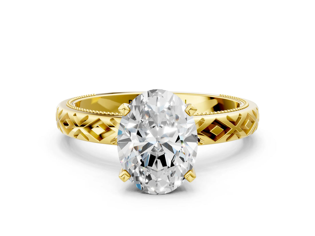 Yellow gold Oval Solitaire Diamond Ring with Milgrain and Black Enamel X Pattern Band_201
