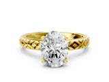 Yellow gold Oval Solitaire Diamond Ring with Milgrain and Black Enamel X Pattern Band_201