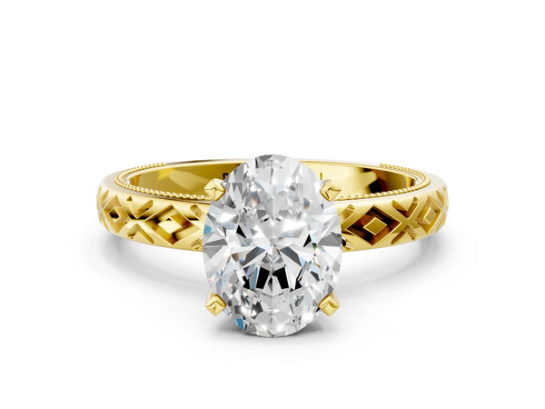 Yellow Gold Oval Vintage Solitaire Engagement Ring Setting with Milgrain X Pattern Band