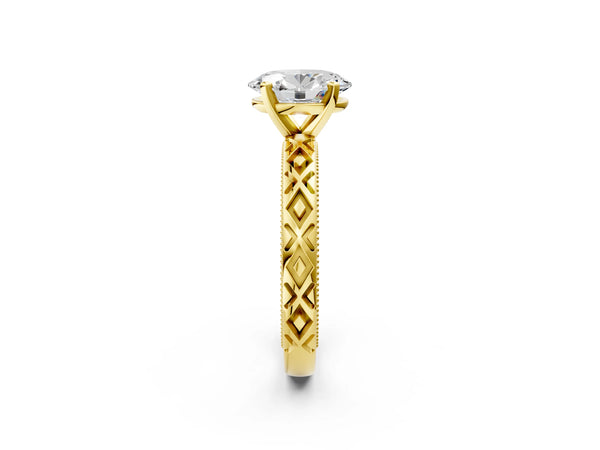 Yellow Gold Oval Vintage Solitaire Engagement Ring Setting with Milgrain X Pattern Band