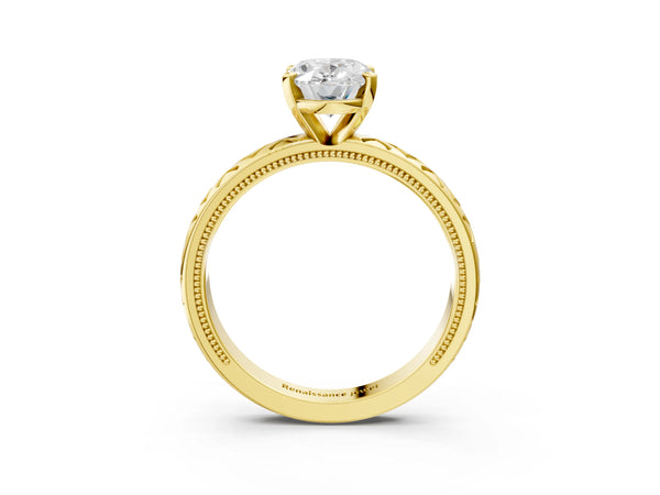 Yellow Gold Oval Vintage Solitaire Engagement Ring Setting with Milgrain X Pattern Band