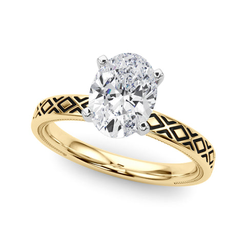Yellow gold Oval Solitaire Diamond Ring with Milgrain and Black Enamel X Pattern Band